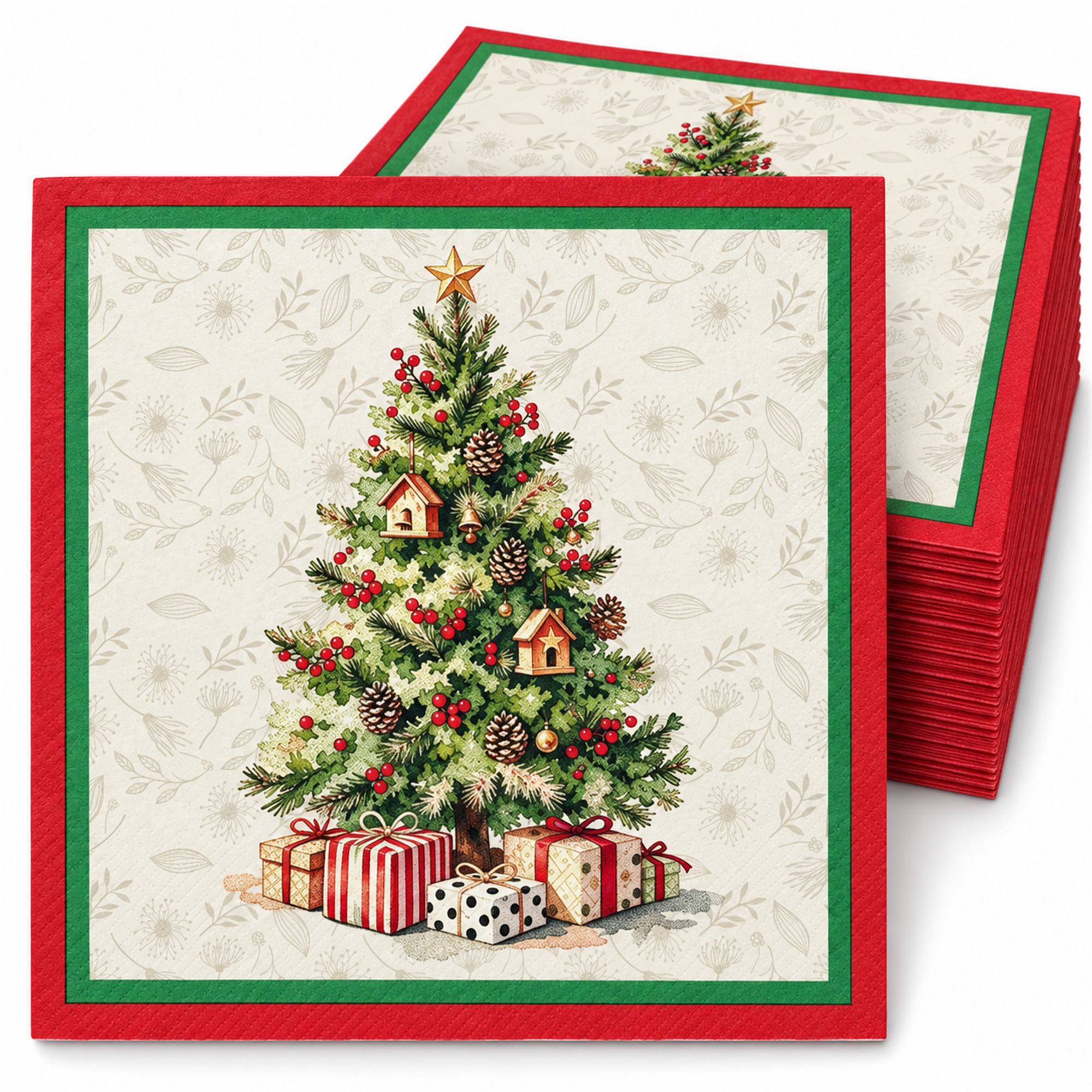 Christmas paper napkins with a tree and red and green borders